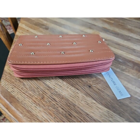 NWT Gold Stud Tan Leather Dbl Zip Around Wallet 10 Card Holder 8x5 Couture Gems - Picture 3 of 6